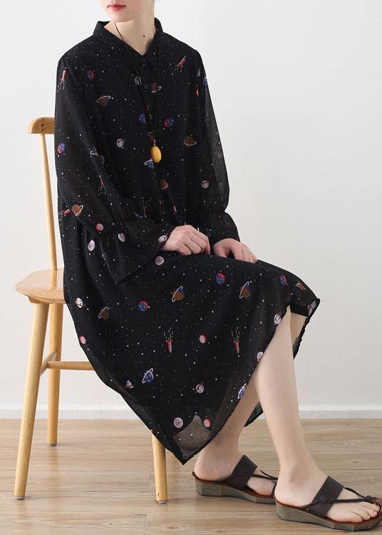 2021 Spring Summer Black Chiffon Flared Sleeve Floral Dress - SooLinen