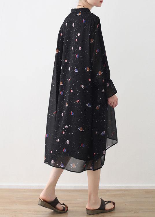 2021 Spring Summer Black Chiffon Flared Sleeve Floral Dress - SooLinen