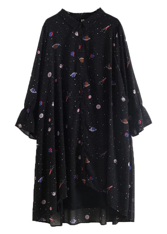 2021 Spring Summer Black Chiffon Flared Sleeve Floral Dress - SooLinen