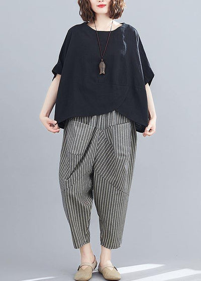 2021 Summer Black Linen Bat Short Sleeve Top + Stripe Nine Point Harlem Pants - SooLinen