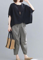 2021 Summer Black Linen Bat Short Sleeve Top + Stripe Nine Point Harlem Pants - SooLinen