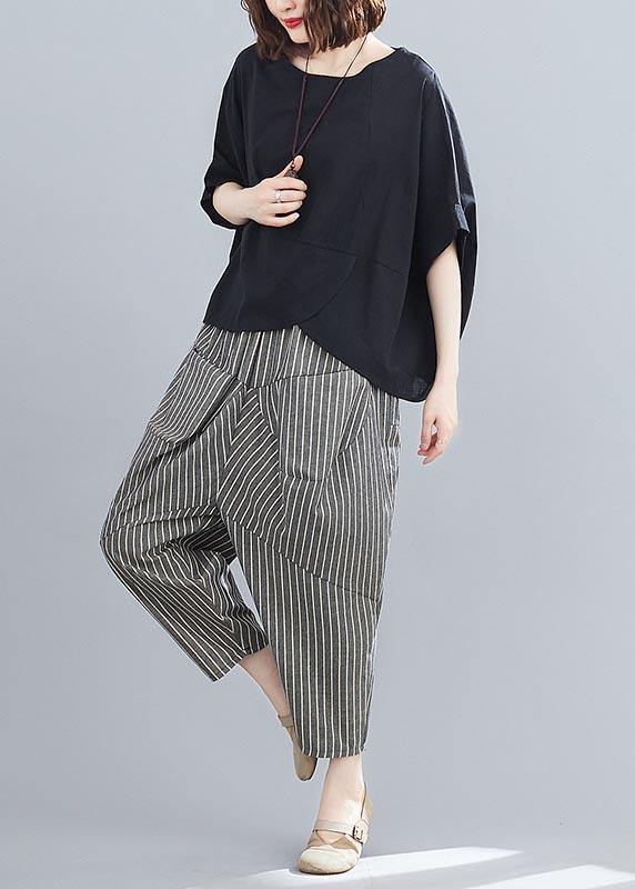 2021 Summer Black Linen Bat Short Sleeve Top + Stripe Nine Point Harlem Pants - SooLinen