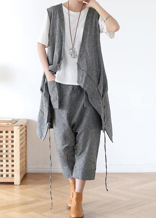 2021 Summer Grey Asymmetrical Cotton sleeveless Cardigans - SooLinen