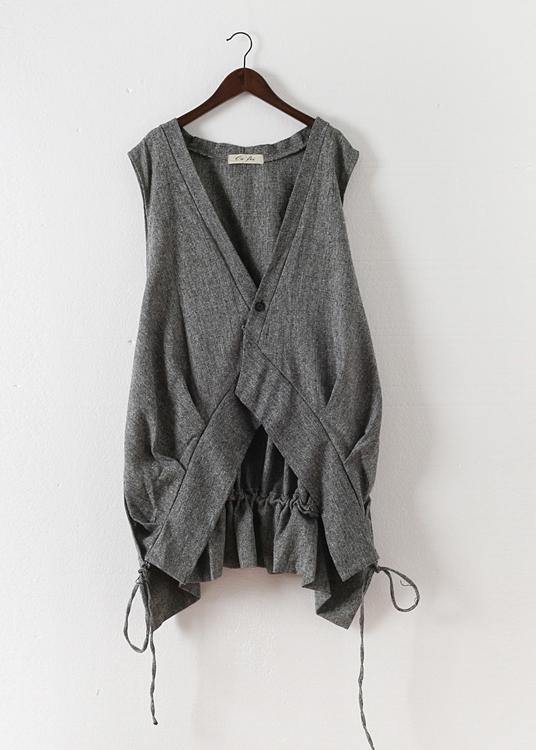 2021 Summer Grey Asymmetrical Cotton sleeveless Cardigans - SooLinen