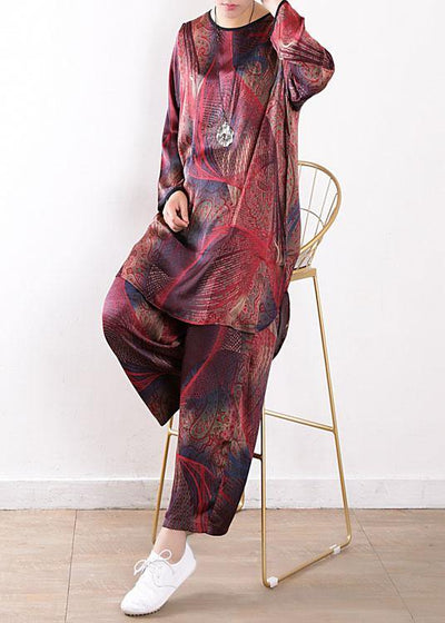 2021 Summer New Red Print Chiffon Suit Loose Shirt + Wide Leg Pants - SooLinen