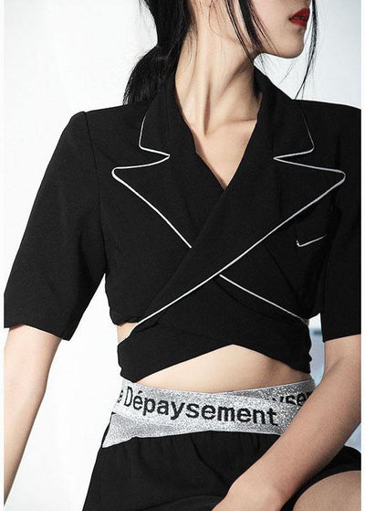 2021 Summer Off Back Black Blazer Crossover Top - SooLinen