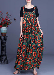 2021 Summer Printed Dress Rayon Irregular Suspender Skirt + Black T-Shirt Two Piece Set - SooLinen