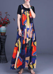 2021 Summer Printed Dress Rayon Irregular Suspender Skirt + Black T-Shirt Two Piece Set - SooLinen