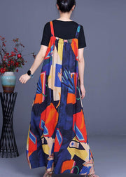 2021 Summer Printed Dress Rayon Irregular Suspender Skirt + Black T-Shirt Two Piece Set - SooLinen