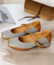 2024 Plus Size Buckle Strap Flat Shoes For Women Grey Comfy Cowhide Leather