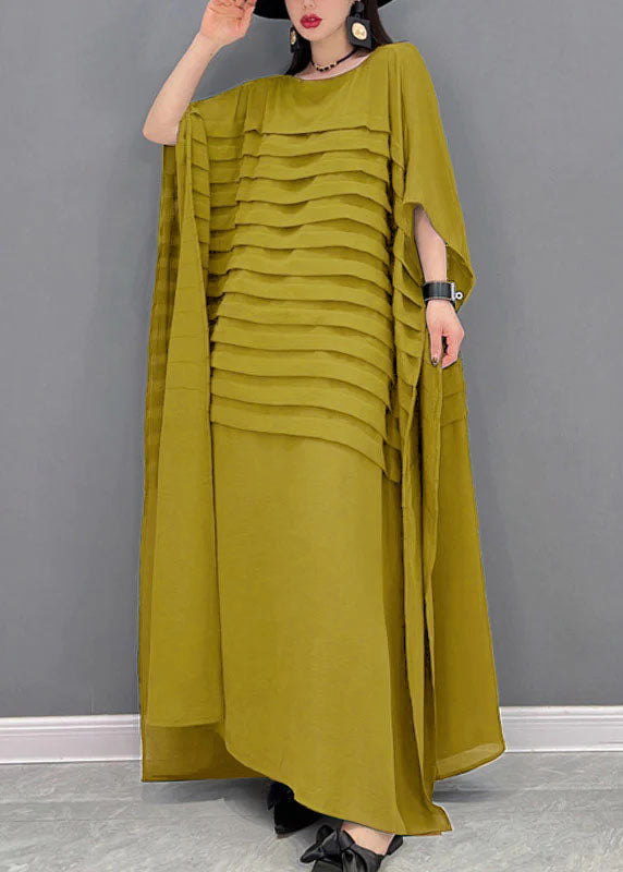 Grace Green O-Neck Striped Chiffon Ankle Dress Batwing Sleeve