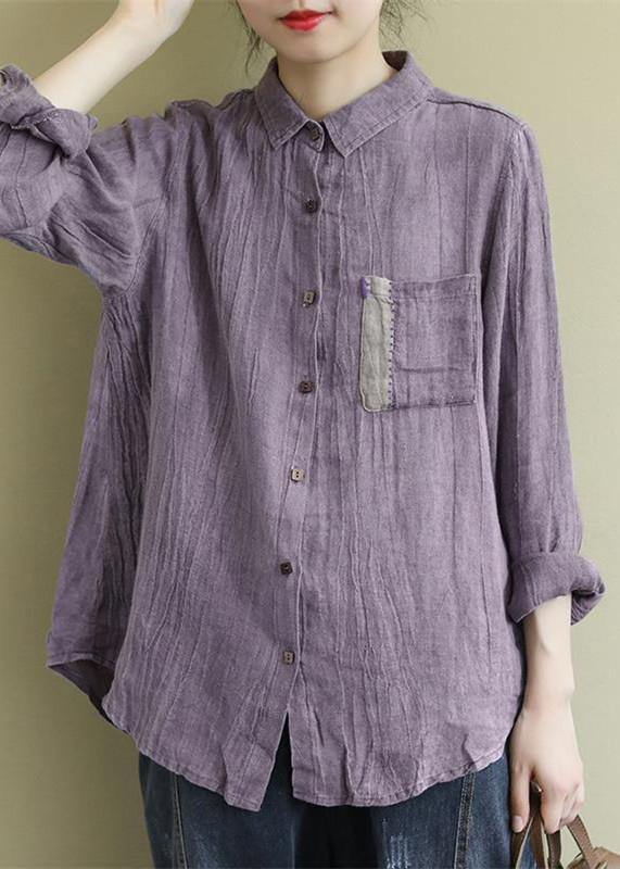 Art Lapel Wrinkled Shirts Inspiration Purple Blouses - SooLinen