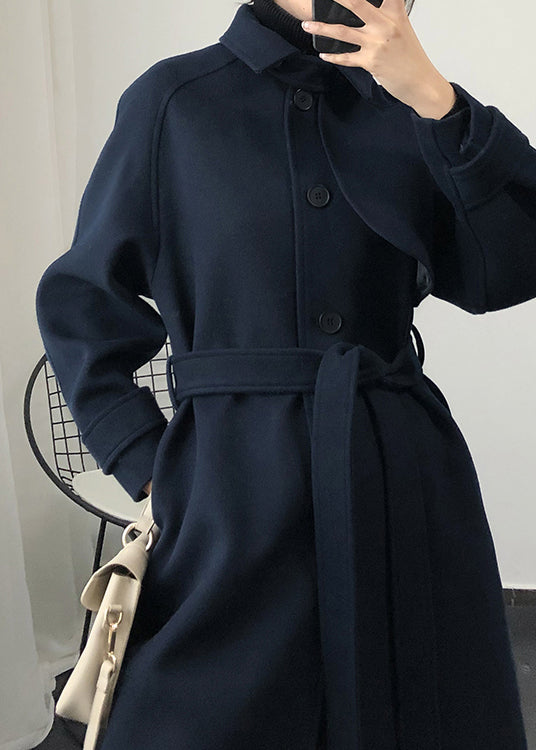 Modischer, locker sitzender Trenchcoat, Frühlings-Navy-Wollmantel mit Taillenbindung