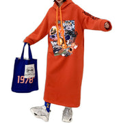 Natural Orange Cartoon Pattern Tunics Hooded Kaftan Spring Dress