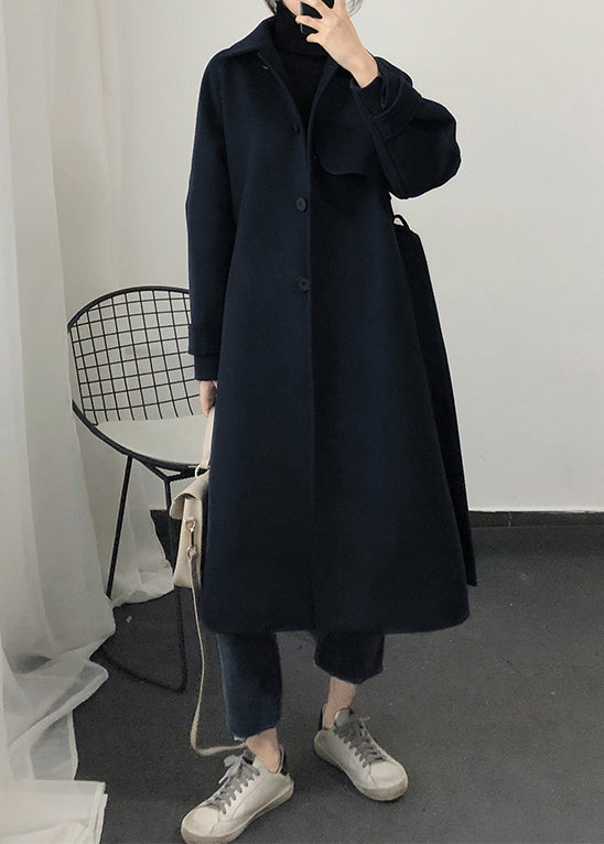 Fashion Loose Fitting Trench Coat Spring Navy Tie Waist Wool Coat