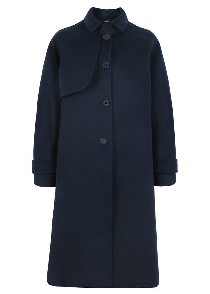 Modischer, locker sitzender Trenchcoat, Frühlings-Navy-Wollmantel mit Taillenbindung