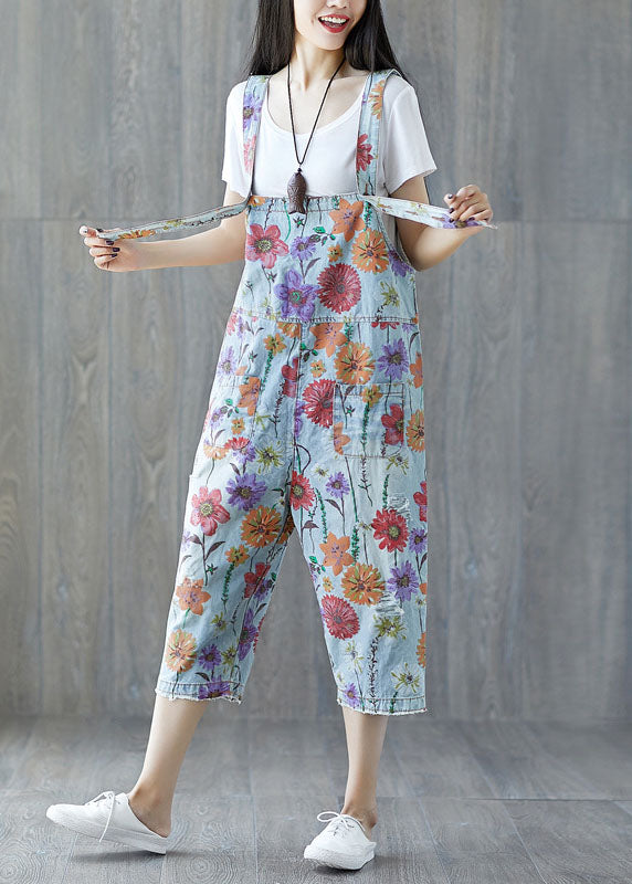 Classy light Blue pockets Floral Denim Jumpsuit