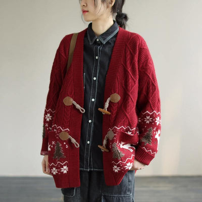 Aesthetic Red knit jacket Loose fitting Loose Deer Print knit outwear - SooLinen