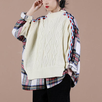 Aesthetic beige plaid sweater tops o neck false two pieces casual knit sweat tops - SooLinen