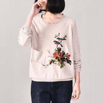 Aesthetic beige prints knit cardigans plus size autumn knit outwear long sleeve - SooLinen