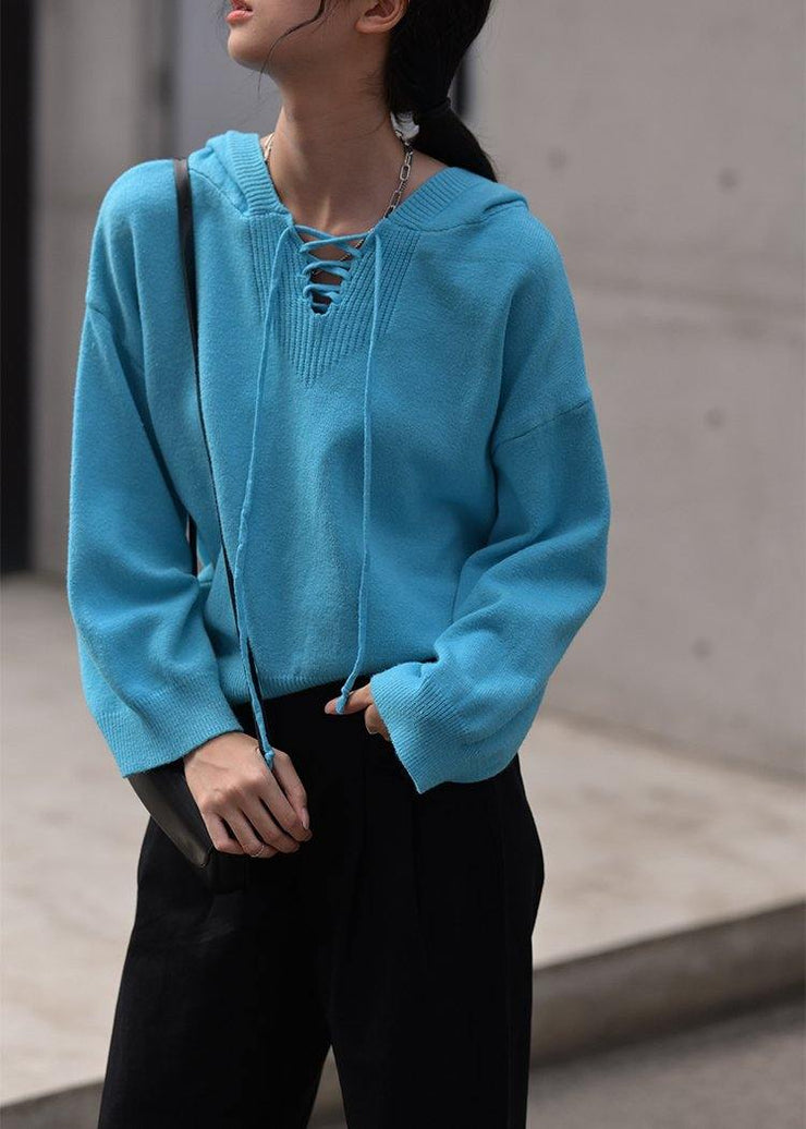 Aesthetic blue Sweater Blouse hooded drawstring casual knitwear - SooLinen