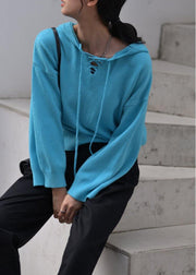 Aesthetic blue Sweater Blouse hooded drawstring casual knitwear - SooLinen