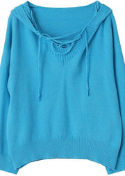 Aesthetic blue Sweater Blouse hooded drawstring casual knitwear - SooLinen