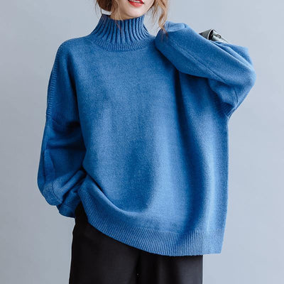 Aesthetic blue knitted pullover high neck plus size clothing fall knit sweat tops - SooLinen