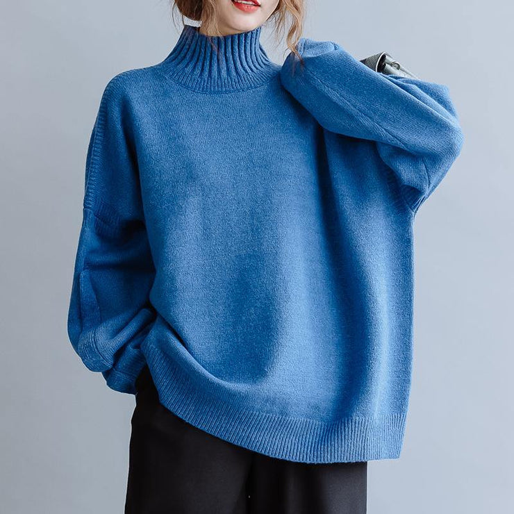 Aesthetic blue knitted pullover high neck plus size clothing fall knit sweat tops - SooLinen