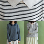 Aesthetic navy striped knitted t shirt lapel collar Loose fitting knitted blouse - SooLinen