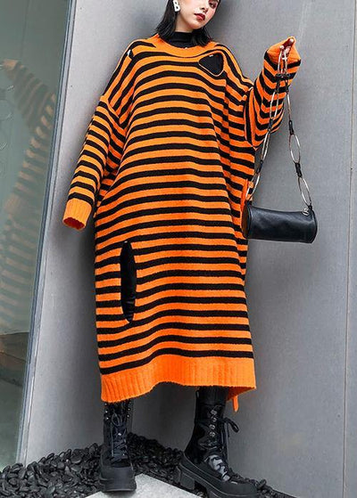 Aesthetic o neck Hole Sweater fall dress DIY orange striped daily knitted dress - SooLinen