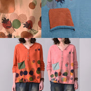 Aesthetic orange yellow prints sweaters oversize long sleeve knitted t shirt v neck - SooLinen