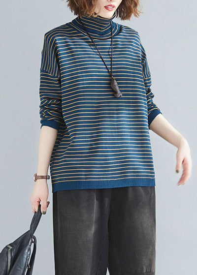 Aesthetic spring blue striped knit tops plus size clothing high neck clothes For Women - SooLinen