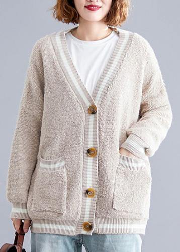 Aesthetic v neck beige knit outwear oversized fall - SooLinen