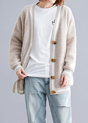 Aesthetic v neck beige knit outwear oversized fall - SooLinen