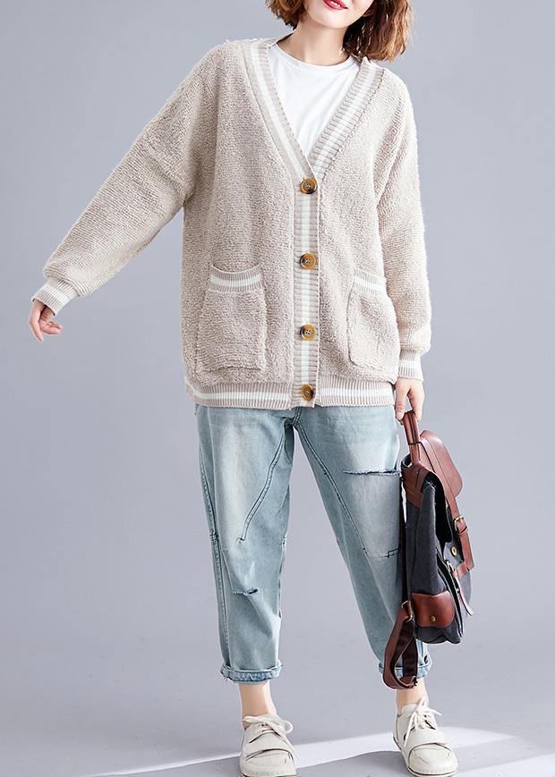 Aesthetic v neck beige knit outwear oversized fall - SooLinen