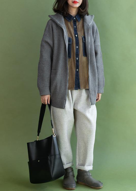 Aesthetic winter knitted coat casual gray zippered - SooLinen