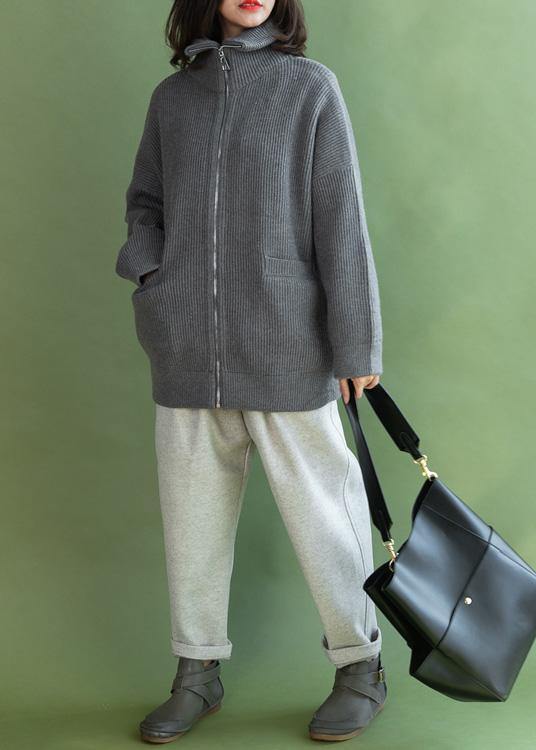 Aesthetic winter knitted coat casual gray zippered - SooLinen