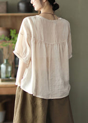 Apricot Patchwork Loose Linen Tops Ruffled Half Sleeve