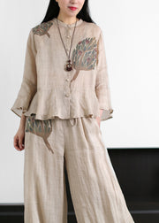 Apricot Pocket Linen Tops And Wide Leg Pants Two Piece Set Women Clothing Ruffles flare sleeve