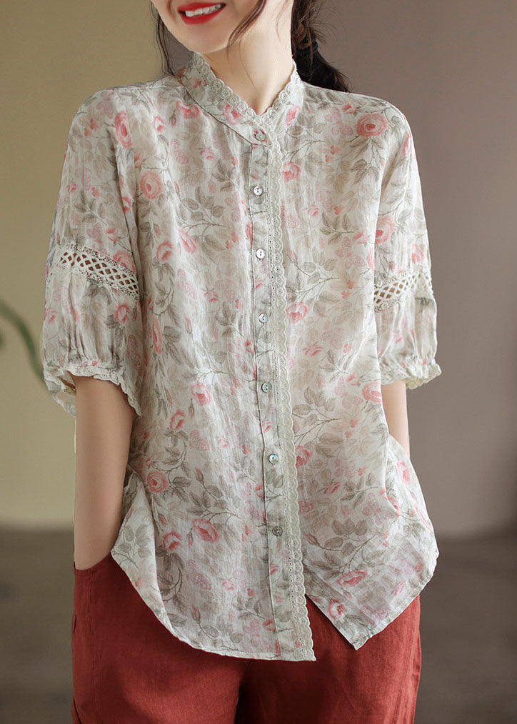 Apricot Print Linen Blouse Top Button Half Sleeve