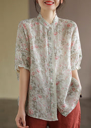 Apricot Print Linen Blouse Top Button Half Sleeve