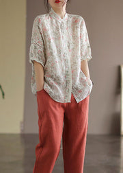 Apricot Print Linen Blouse Top Button Half Sleeve