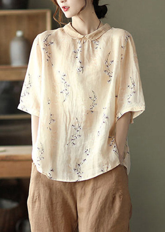 Apricot Print Linen Blouse Tops Half Sleeve