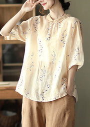 Apricot Print Linen Blouse Tops Half Sleeve