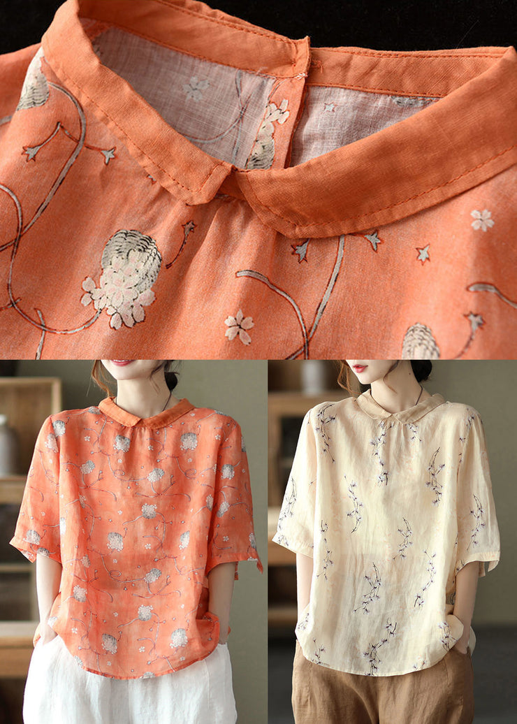 Apricot Print Linen Blouse Tops Half Sleeve