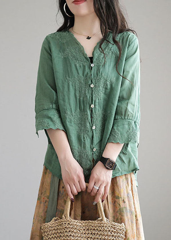 Aqua Green Patchwork Linen Shirt Embroideried Half Sleeve