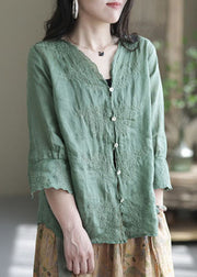 Aqua Green Patchwork Linen Shirt Embroideried Half Sleeve