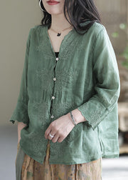 Aqua Green Patchwork Linen Shirt Embroideried Half Sleeve