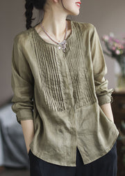 Army Green Patchwork Linen Shirt Top Wrinkled Long Sleeve